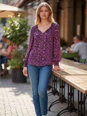 New! Democracy Purple Multicolor Floral-Print Blouse